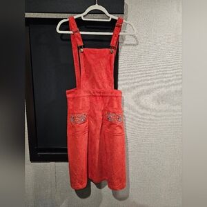 Faux Suede Coral Overall Dress with Embroidered Pockets